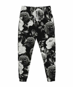 Black White Rose Floral Pattern Print Jogger Pants