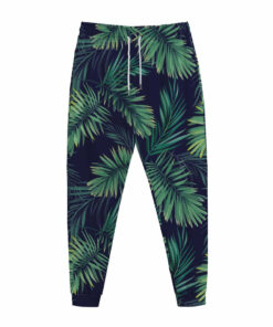Dark Tropical Palm Leaf Pattern Print Jogger Pants