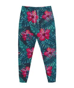 Hot Pink Hibiscus Tropical Pattern Print Jogger Pants