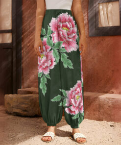 Japanese Peony Print Harem Pants