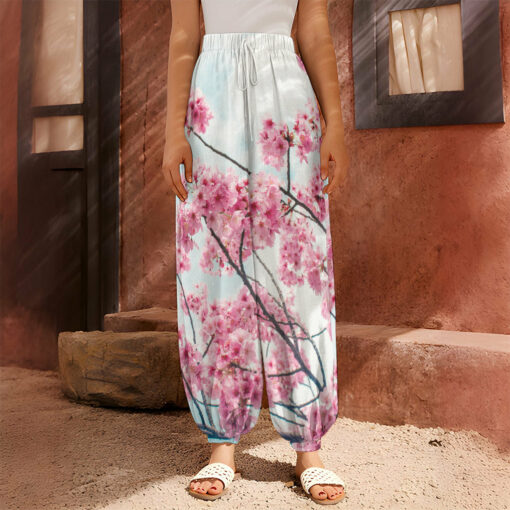 Pink Cherry Blossom Print Harem Pants