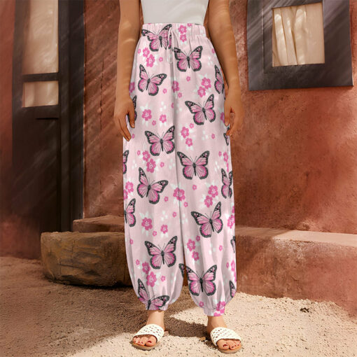 Pink Monarch Butterfly Pattern Print Harem Pants