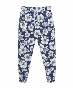 White Blue Hibiscus Floral Pattern Print Jogger Pants