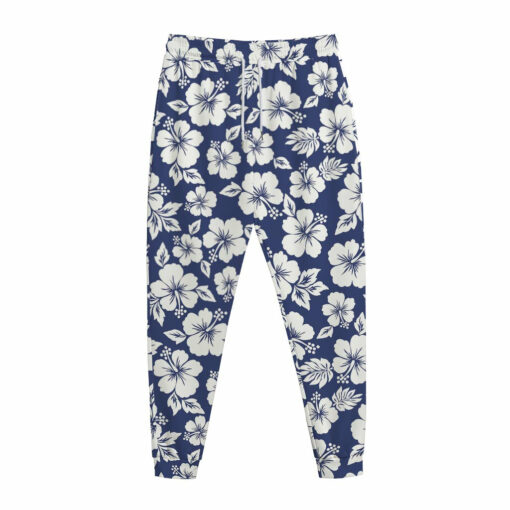 White Blue Hibiscus Floral Pattern Print Jogger Pants