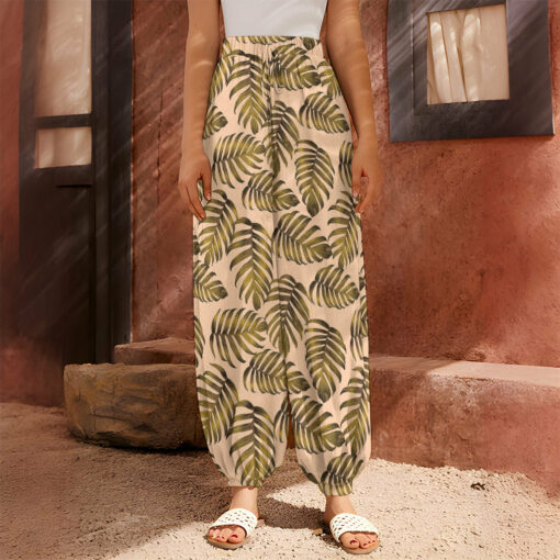 Yellow Monstera Leaves Pattern Print Harem Pants