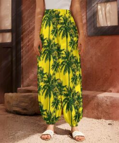 Yellow Palm Tree Pattern Print Harem Pants