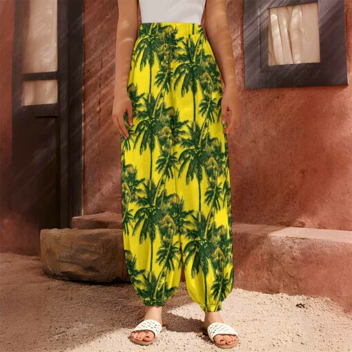 Yellow Palm Tree Pattern Print Harem Pants