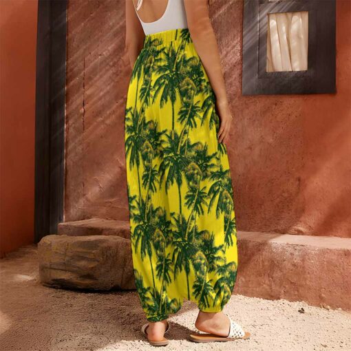 Yellow Palm Tree Pattern Print Harem Pants