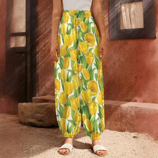 Yellow Spring Tulip Pattern Print Harem Pants