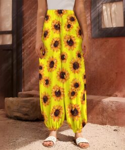Yellow Sunflower Pattern Print Harem Pants