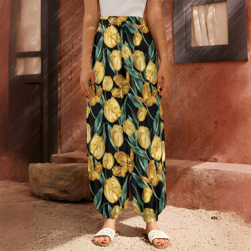 Yellow Tulip Floral Pattern Print Harem Pants
