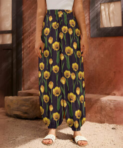 Yellow Tulip Flower Pattern Print Harem Pants