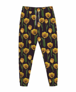 Yellow Tulip Flower Pattern Print Jogger Pants