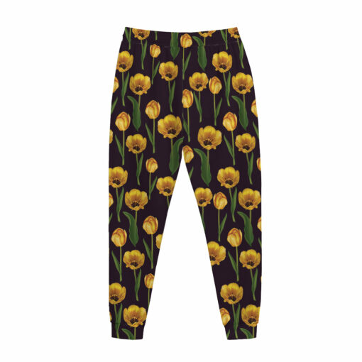 Yellow Tulip Flower Pattern Print Jogger Pants
