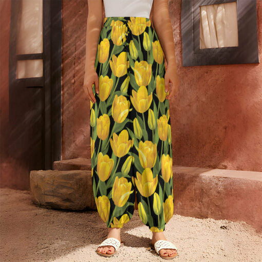 Yellow Tulip Pattern Print Harem Pants