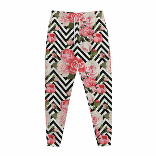Zigzag Peony And Rose Pattern Print Jogger Pants