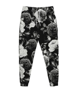 Black White Rose Floral Pattern Print Jogger Pants