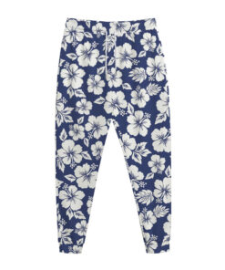 White Blue Hibiscus Floral Pattern Print Jogger Pants