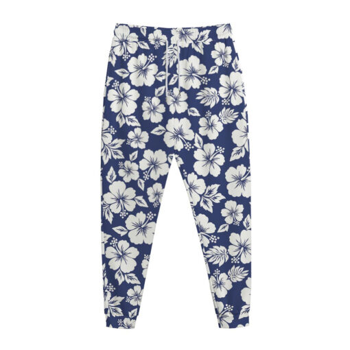 White Blue Hibiscus Floral Pattern Print Jogger Pants