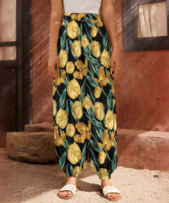 Yellow Tulip Floral Pattern Print Harem Pants