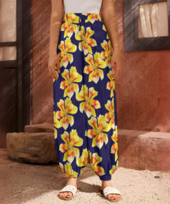 Yellow Watercolor Lily Pattern Print Harem Pants